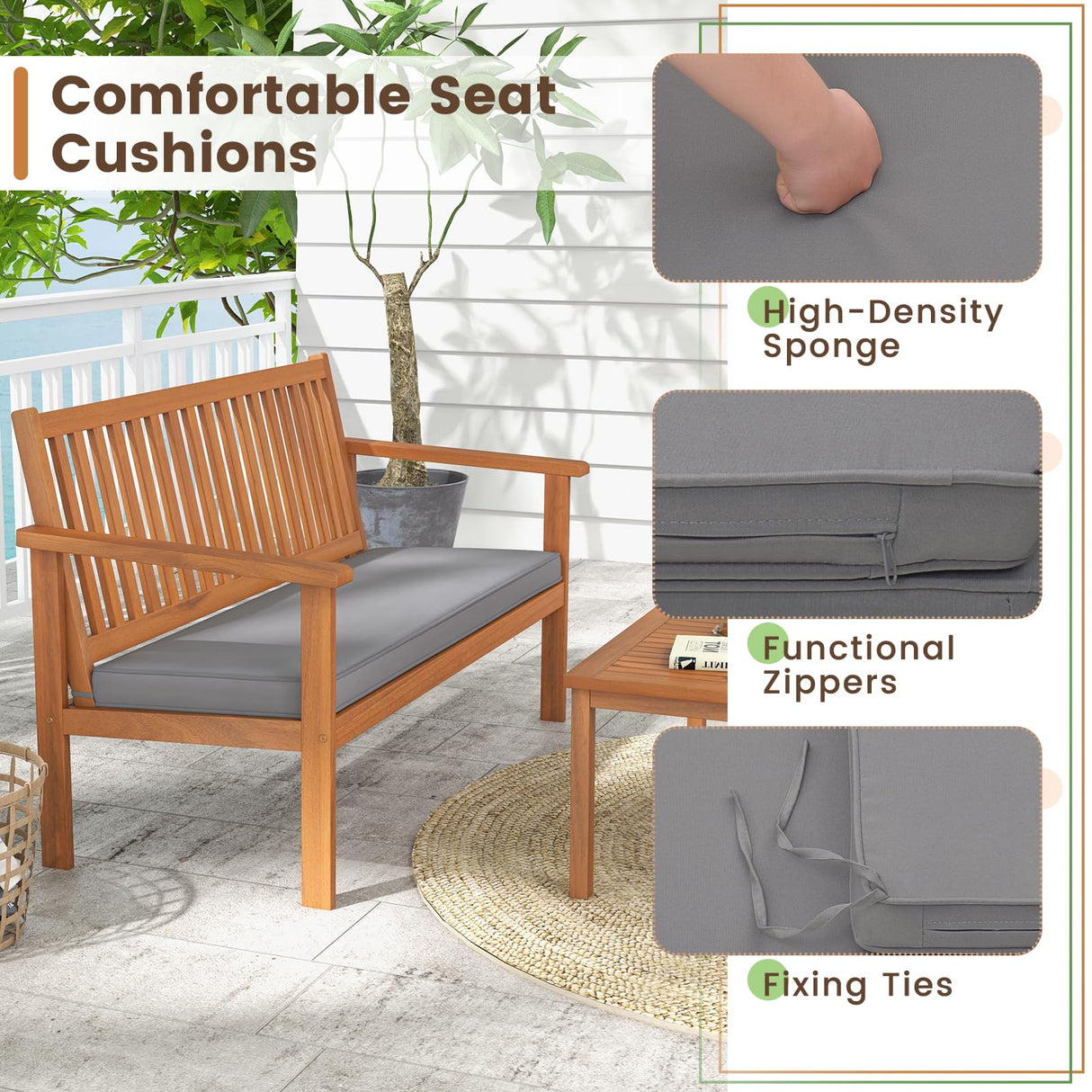 Tangkula 4 Piece Patio Wood Furniture Set, Acacia Wood Sofa Set w/Loveseat, 2 Chairs & Coffee Table, Soft Seat Cushions, Outdoor Wood Furniture Set for Porch, Yard, Balcony (Gray) Tangkula