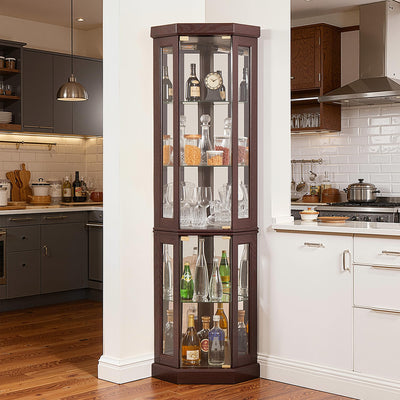 Casaphoria Corner Cabinet, Classic Curio Cabinet with Tempered Glass Doors & Adjustable Shelves for Home Decor, Space-Saving Accent Cabinet with Storage Rack for Collectibles & Liquor, (Cherry)