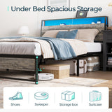 LINSY Full Bed Frame with Storage, Ergonomic Headboard, 14 inch Fast Assembly Metal Bed with Lights, Outlets & USB, Full Size, Noise Free, No Box Spring Needed, Greige LINSY
