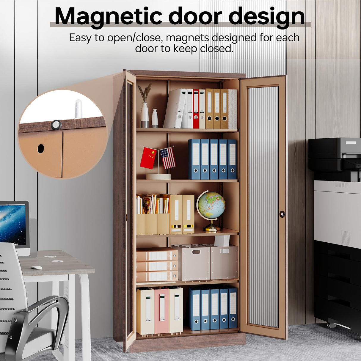 AFAIF 71" Tall Brown Metal Storage Cabinet with Glass Doors and Adjustable Shelves AFAIF