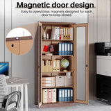 AFAIF 71" Tall Brown Metal Storage Cabinet with Glass Doors and Adjustable Shelves AFAIF