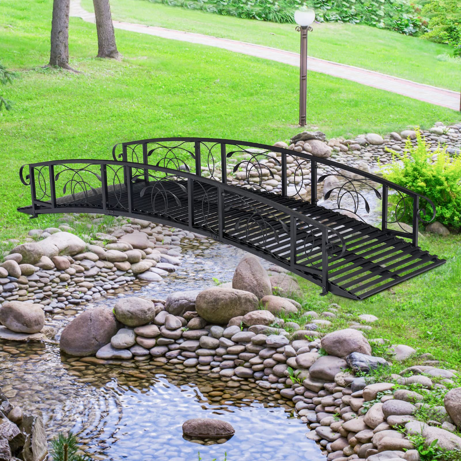 Kinsunny 8 Ft Metal Garden Bridge with 2 Safety Patterned Siderails Outdoor Decorative Iron Garden Arch Footbridge for Pond, Creek, Stream - WoodArtSupply