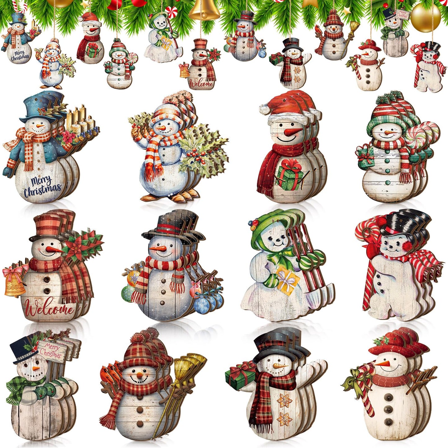 Huwena 36 Pcs Snowman Ornaments for Christmas Tree Snowman Christmas Decorations Snowman Wood Cutouts Wooden Christmas Tree Ornaments for Holiday Xmas Party Supplies(Rustic)