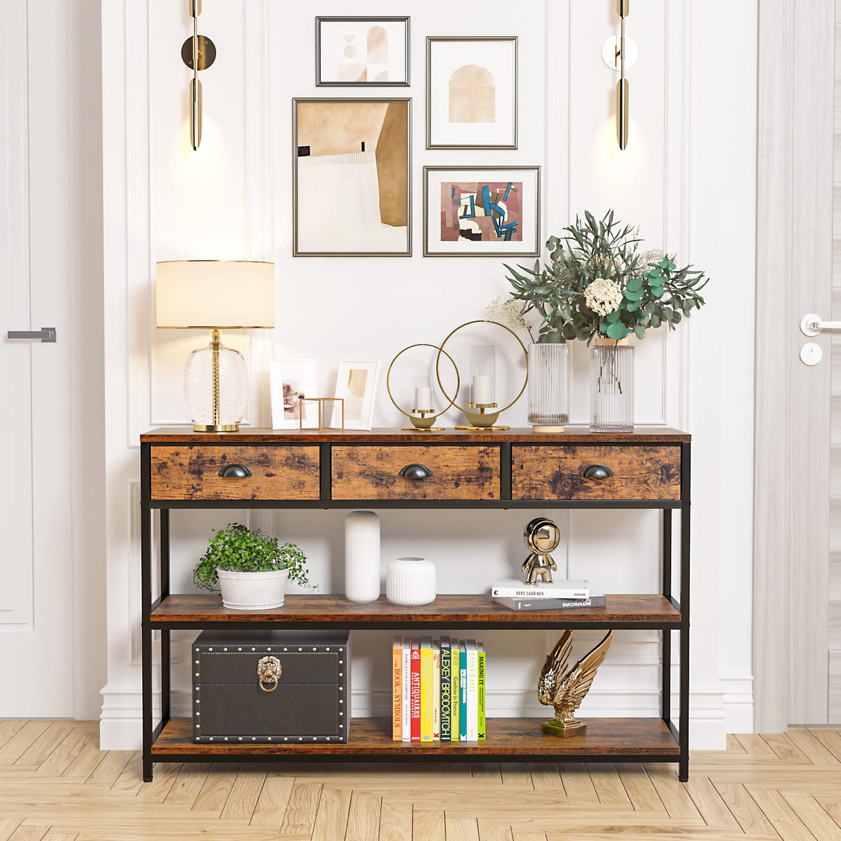 Furologee Long 47" Console Sofa Table with 3 Drawers, Entryway Table with 3-Tier Storage Shelves, Industrial Display Shelf for Entry Way, Hallway, Couch, Living Room, Kitchen, Foyer, Rustic Brown Furologee