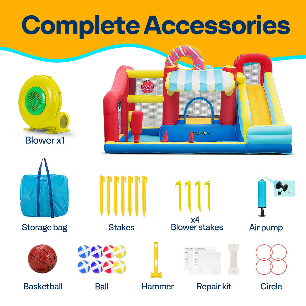 VIVOHOME 9 in 1 Bounce House for Kids, Market Theme Inflatable Bouncy Castle with Slide, 13x11 FT Inflated Bouncer for Outdoor with Blower, Basketball, Climb, Jump Area, Ball, Water Pool, Hoop VIVOHOME