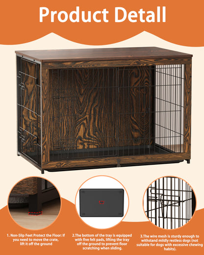 Megidok Wooden Dog Crate Furniture with Cushion, Dog Crate End Table with Tray, Double Doors Dog Crate(XL:43.1" L *28.6" W*30.3" H, Rustic Style)