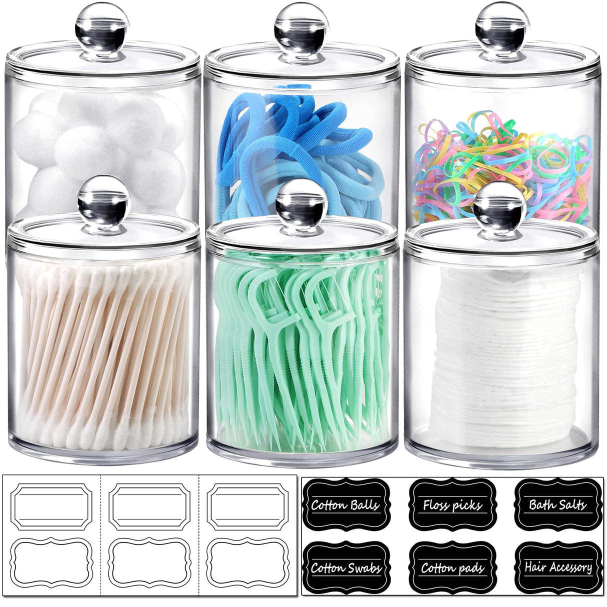 6 Pack Qtip Dispenser Apothecary Jars Bathroom with Labels - Qtip Holder Storage Canister Clear Plastic Acrylic Jar for Cotton Ball,Cotton Swab,Cotton Rounds,Floss Picks, Hair Clips (Clear) SheeChung