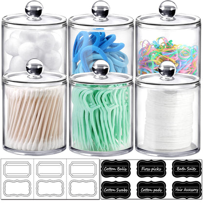 6 Pack Qtip Dispenser Apothecary Jars Bathroom with Labels - Qtip Holder Storage Canister Clear Plastic Acrylic Jar for Cotton Ball,Cotton Swab,Cotton Rounds,Floss Picks, Hair Clips (Clear)