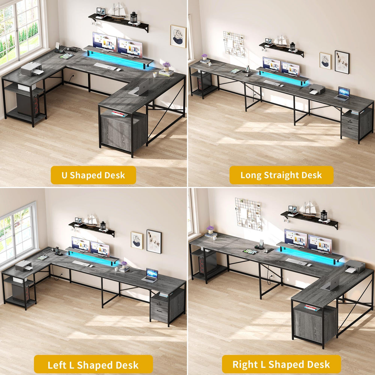 DWVO U Shaped Desk with Drawers, 79" Reversible L Shaped Desk with Power Outlets & LED Lights, Corner Computer Desk with Monitor Stand & Storage Shelves, Grey DWVO
