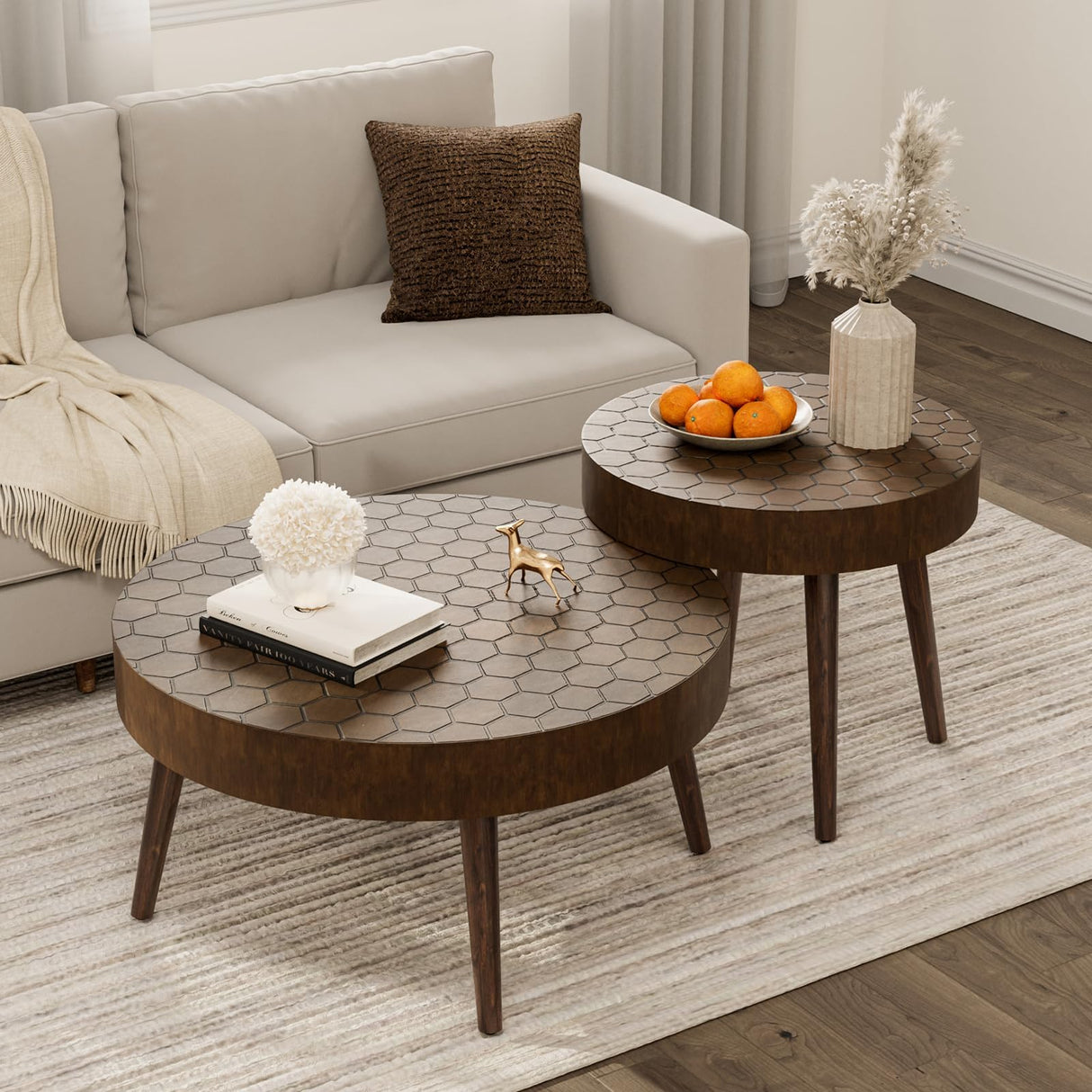 COSIEST Round Coffee Table Set of 2, Nesting Table with Honeycomb Pattern, Modern End Table Set of 2, Wood Cocktail Table for Living Room, Farmhouse, Brown COSIEST