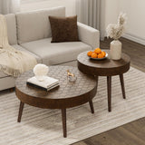COSIEST Round Coffee Table Set of 2, Nesting Table with Honeycomb Pattern, Modern End Table Set of 2, Wood Cocktail Table for Living Room, Farmhouse, Brown COSIEST
