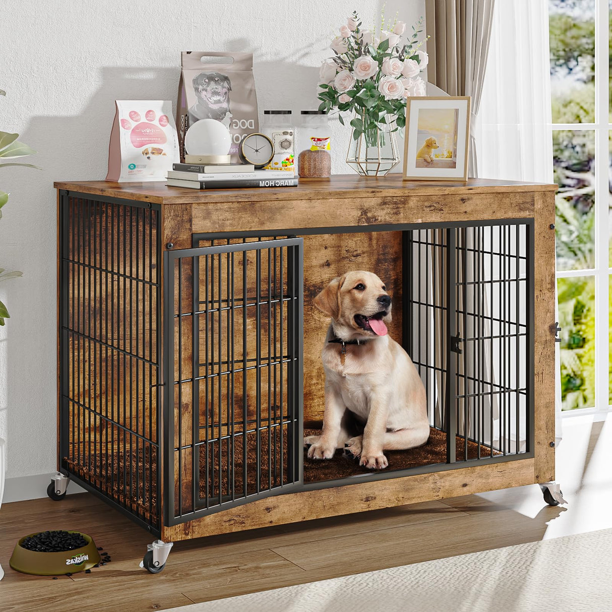 LEMBERI 32 Inch Dog Crate Furniture with Cushion, Wooden Double Doors Dog Kennel Cage Indoor with Wheels, Pet House Decorative Side End Table for Small Medium Dogs, Rustic Brown LEMBERI