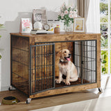 LEMBERI 32 Inch Dog Crate Furniture with Cushion, Wooden Double Doors Dog Kennel Cage Indoor with Wheels, Pet House Decorative Side End Table for Small Medium Dogs, Rustic Brown LEMBERI
