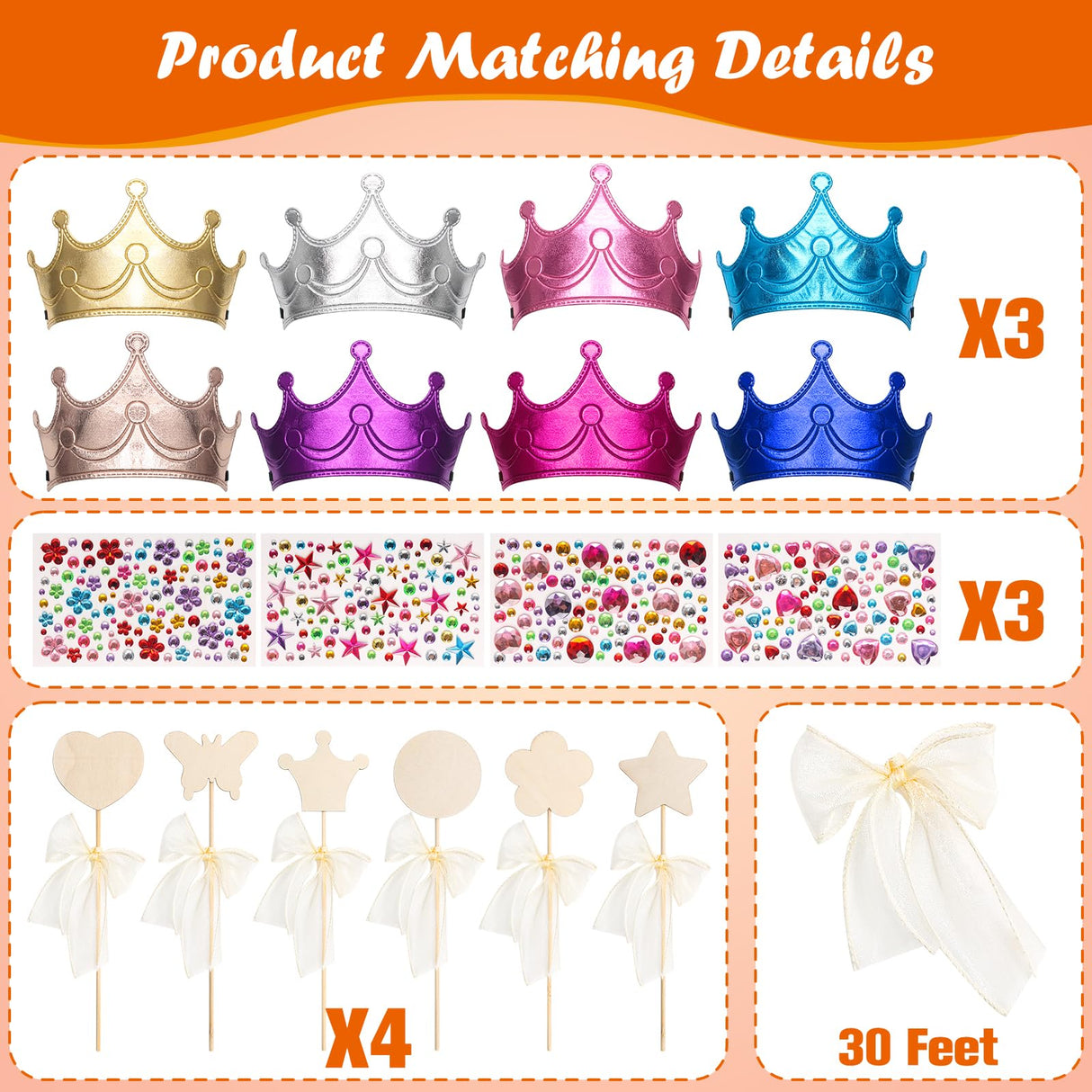 Hoedia 24+37Pcs Foam Crowns Set, Princess Tiaras and Foam DIY Crowns for Kids to Decorate for Birthday Party Crowns Favors with 24 Foam Crowns, 24 Wooden Wands, 12 Rhinestone Stickers,1 Silk Ribbon Hoedia
