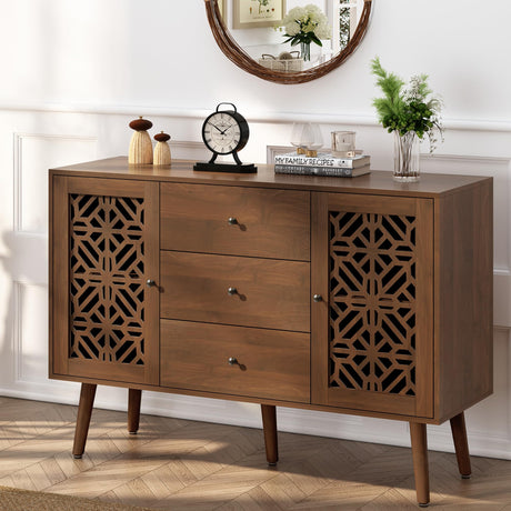 ARTPOWER 48" Hollow-Carved Accent Cabinet with Drawers, Retro Sideboard Buffet Cabinet with 3 Drawers and Storage Doors, Sideboard Credenzas for Living Room, Dining Room, Hallway ARTPOWER
