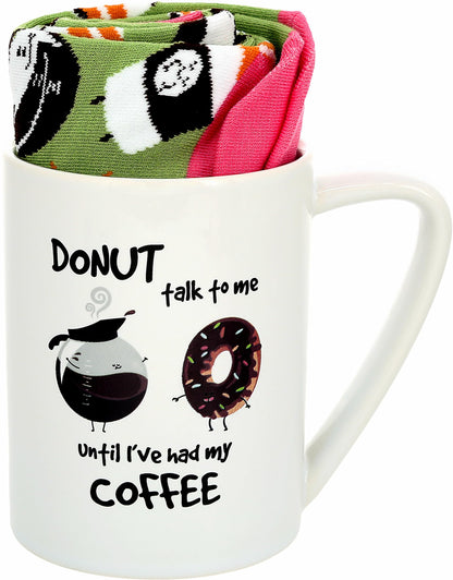 Pavilion Gift Company - Donut Talk To Me Until I've Had My Coffee - Pink & Green Novelty Crew Socks & 18 oz Mug Long Distance Relationship Gift Girlfriend Wife Present