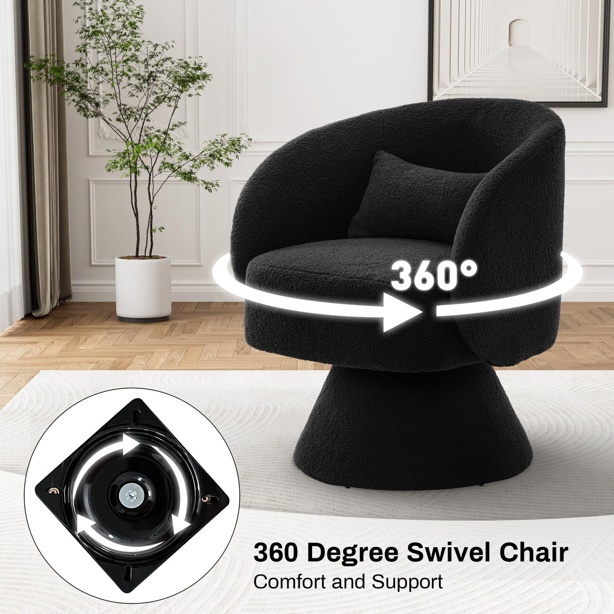 Nolohoo Swivel Barrel Chair Set of 2, Comfy Sherpa Accent Swivel Chairs for Living Room, 360 Modern Small Round Single Sofa Swivel Armchair for Bedroom, Office (Black, Teddy) Nolohoo