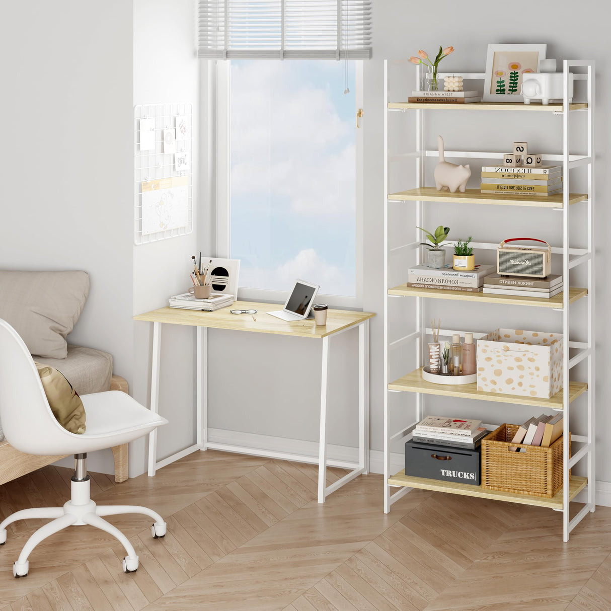 BHG Vintage Multifunctional Folding Bookshelf, No-Assembly Plant Stand Storage Rack Shelves for Home Office (White, 5-Tier) BHG