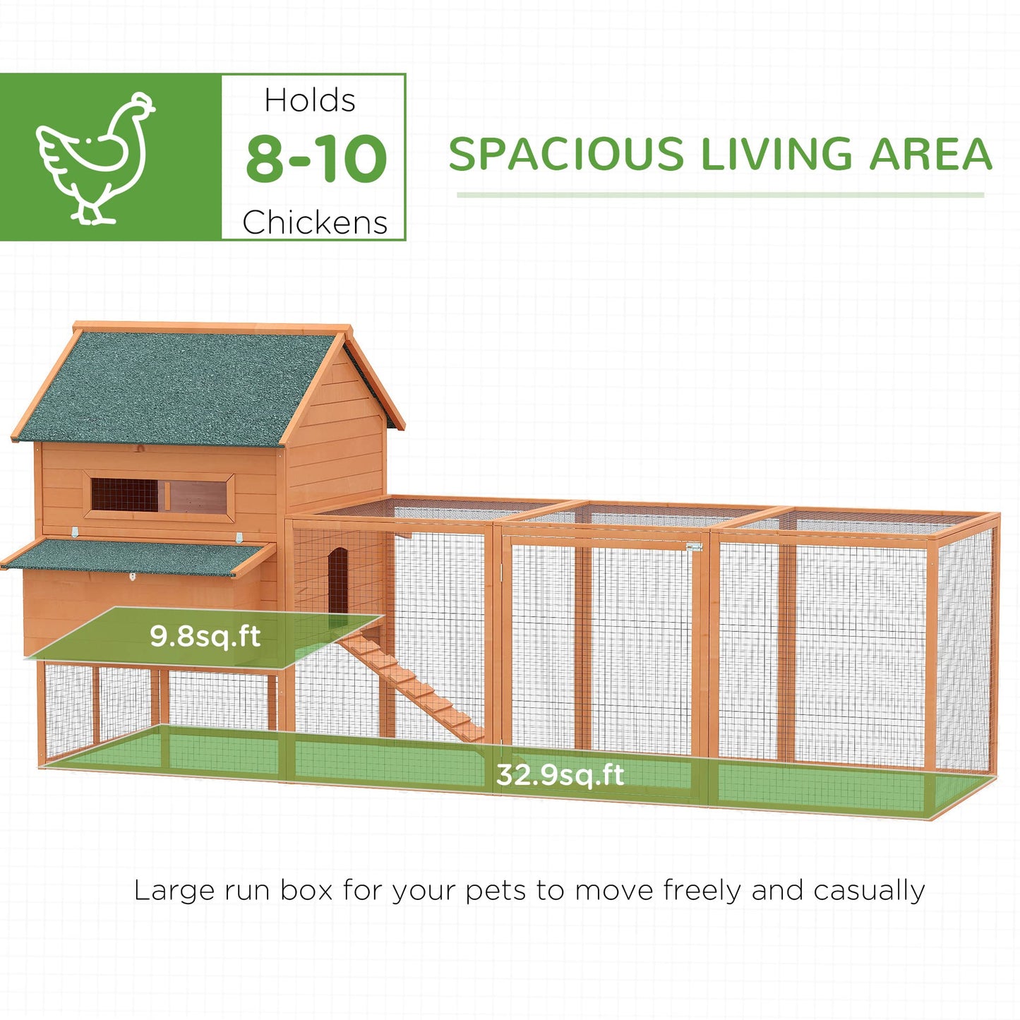 PawHut 137" Chicken Coop for 8-10 Chickens, Large Chicken House, Wooden Poultry Hen Cage with Nesting Box and Run for Backyard, Orange - WoodArtSupply