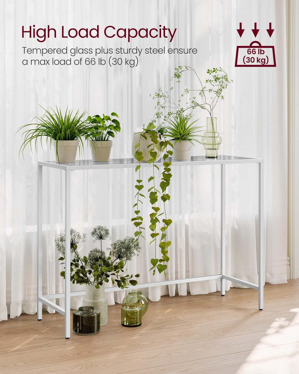 VASAGLE Entryway Table, Console Table, Tempered Glass Tabletop, Modern Sofa Table, Easy Assembly, with Adjustable Feet, for Living Room, Entryway, Pearl White and Slate Gray ULGT026W01 VASAGLE