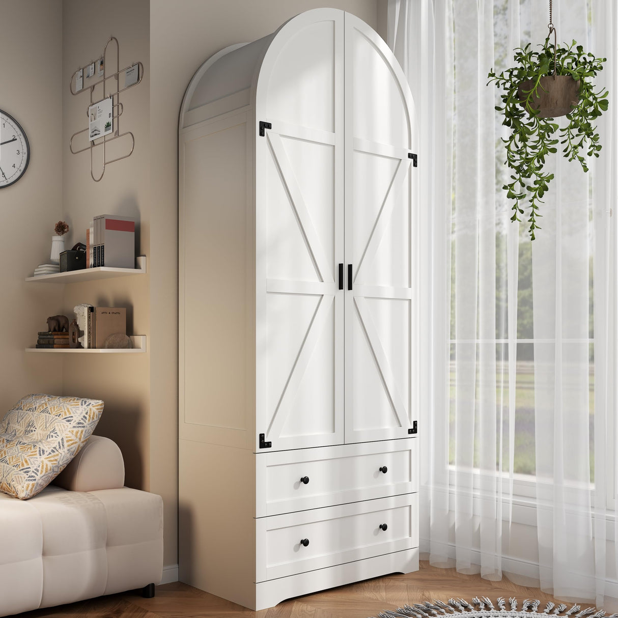 Gyfimoie 74.8" White Armoire Wardrobe Closet with 2 Drawers and 2 Doors, Tall Bedroom Freestanding Armoire Storage Cabinet with Shelves, Wood Large Wardrobe Combination for Hanging Clothes (White) Gyfimoie