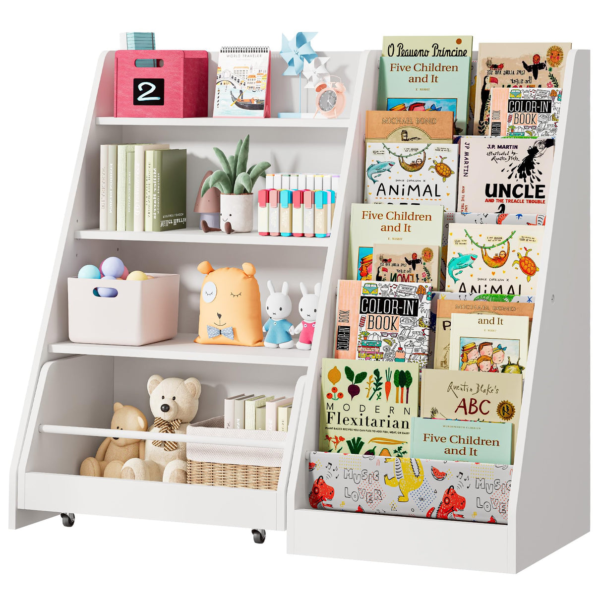 IRONCK Kids Bookshelf and Toy Storage, 42" Wide Large Toddler Bookshelf with Movable Drawer and 5 Sling Pockets, Montessori Book Shelf for Kids Rooms-White IRONCK