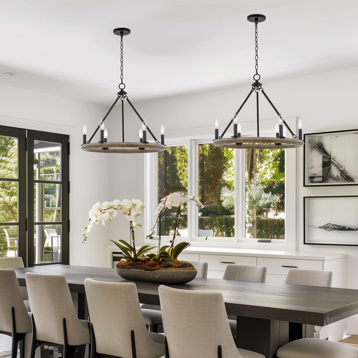 Kira Home Jericho 24" 6-Light Industrial Rustic Farmhouse Wagon Wheel Chandelier, Round Kitchen Island Light, Black + Gray Oak Wood Finish Kira Home