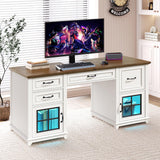 RALGEND 58" Farmhouse Executive Desk with Drawers, Wooden Home Office Desk with Power Outlet & LED Light, Computer Desk with File Drawer and Cabinet, Workspace for Study, White and Walnut RALGEND