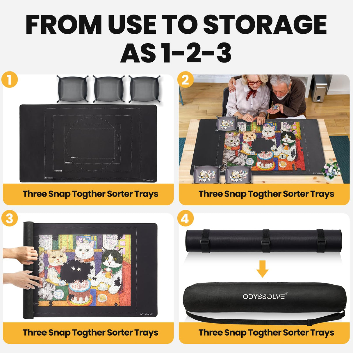 Odyssolve Jigsaw Puzzle Mat Roll Up 1500 Pieces Saver Pad 46" x 26" with 3 Sorting Trays & Travel Storage Bag Portable Non-Slip Rubber Bottom Odyssolve