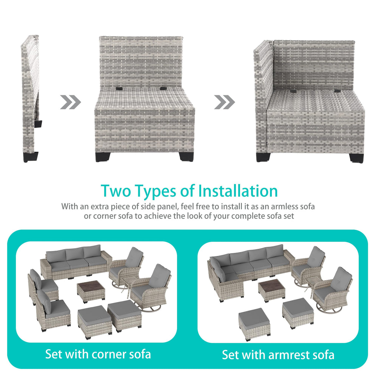 Muphyers 11-Piece Outdoor Patio Furniture Set with Rocking Swivel Chair Wicker Sectional Sofa Set, Patio Conversation Set with Ottomans & Coffee Table for Garden, Backyard, Poolside, Grey Muphyers