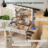 SunsGrove Farmhouse 43.3" Vanity Desk with Hollywood Makeup Mirror and Lights, White Vanity with 2 Drawers & 2 Cabinets, Large Modern Vanity Desk with Vanity Storage Chair for Bedroom (Antique White) SunsGrove