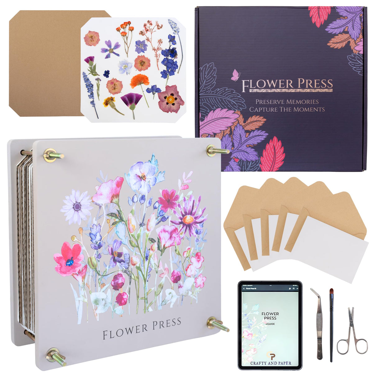 Extra Large Flower Press 11.2" x 10.7" – Press up to 10 Layers! Includes Cardboard, Blotting Paper, Greeting Cards, Ebook & More. Perfect Flower Preservation Kit for Kids & Adults Crafty and Paper