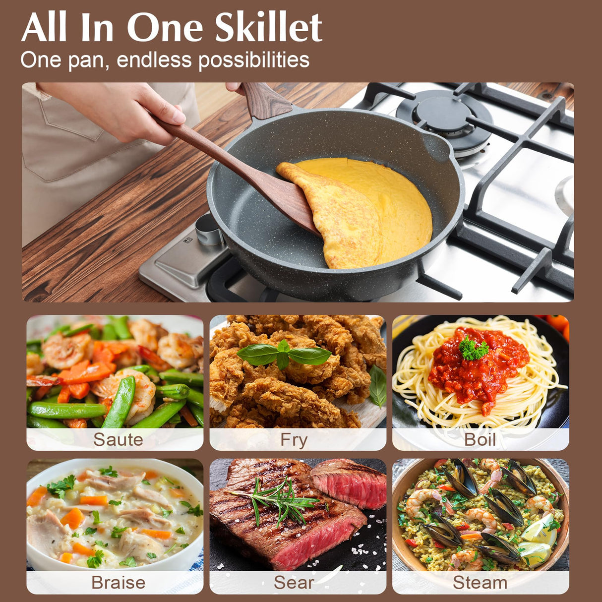 SENSARTE Nonstick Deep Frying Pan Skillet, 10/11/12-inch Saute Pan with Lid, Stay-cool Handle, Chef Pan Healthy Stone Cookware Cooking Pan, Induction Compatible, PFOA Free (10-Inch) SENSARTE