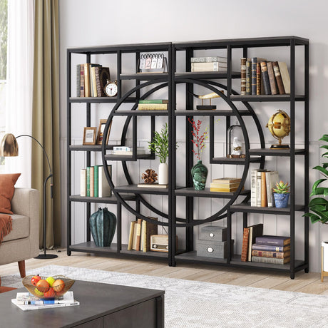Tribesigns Industrial 5-Tier Etagere Bookcase - Elegant Grey Freestanding Bookshelf with 9 Open Storage Shelves (2 Pack) Tribesigns