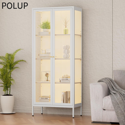 Polup Display Cabinet with 3 Color LED Lights and Tempered Glass, 66 Inch Tall Curio Cabinet with 3 Side Glass, White Display Case for Collectibles, Metal Cabinet for Living Room - Assemble Required