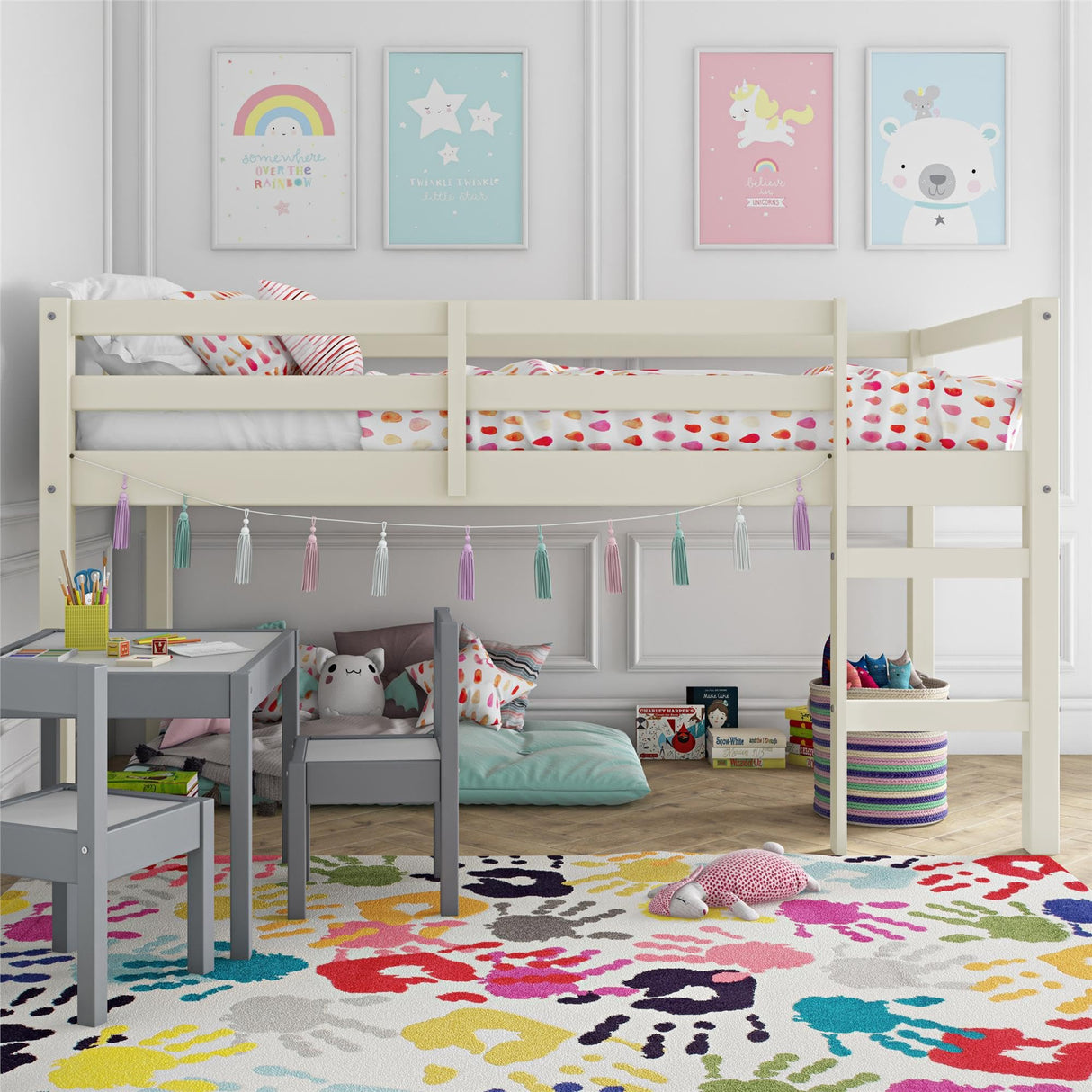 DHP Milton Twin Loft Bed, White, Traditional Small Space Junior Size, Horizontal Paneling, Sturdy Wood Construction DHP