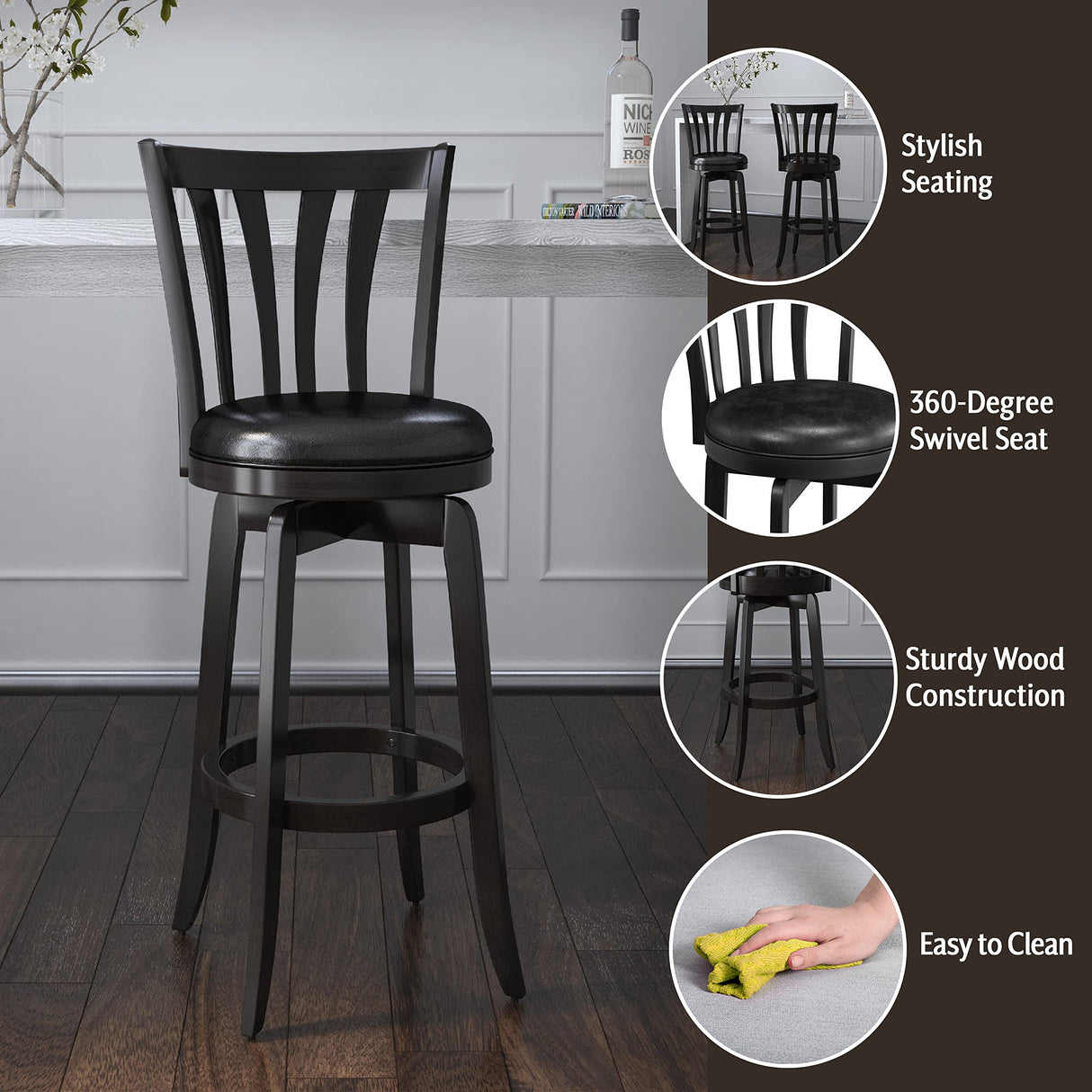 Hillsdale Savana Wood Bar Height Kitchen Stool, 29.5" High, Black Hillsdale