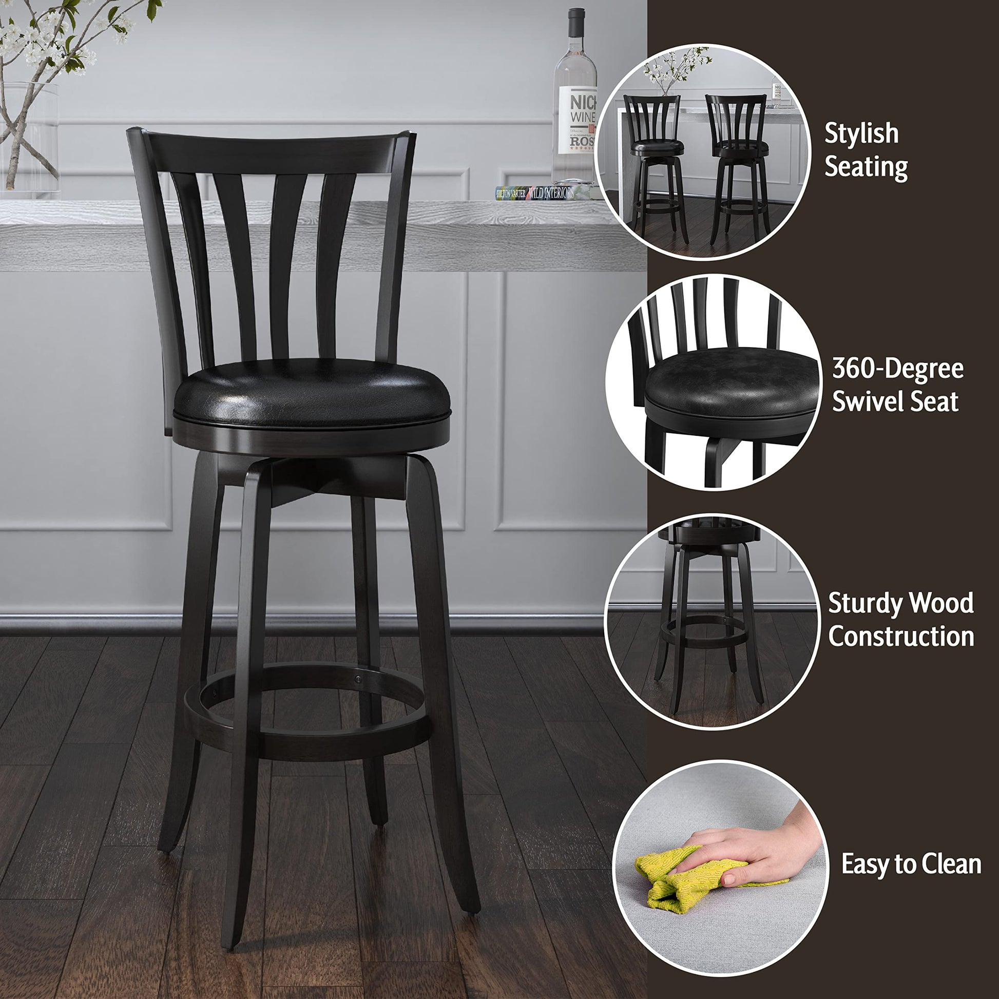 Hillsdale Savana Wood Bar Height Kitchen Stool, 29.5" High, Black - WoodArtSupply