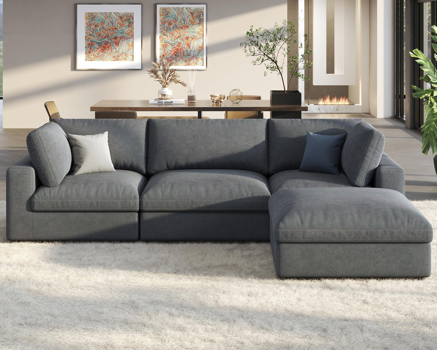 PaPaJet Modular Sectional Sofa, 114 Inches Oversized Down Filled Sectional Sofa, 4 Seats L Shaped Cloud Couch with Chaise, Ottoman, Comfy Sofa for Living Room, Grey Linen Couch Set