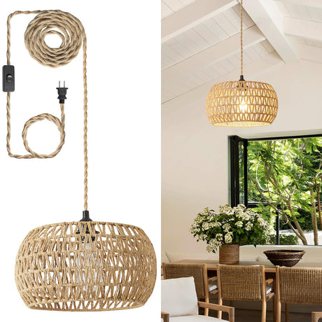 Rattan Boho Hanging Light,12.6'' Natural Hand Woven Fabric Drum Light,Plug Into Wall Outlet Pendant Light Fixture On/Off Switch for Dining,Living Room,Bedroom,Kitchen,Hallway Entryway, Without Bulb Dgroositon