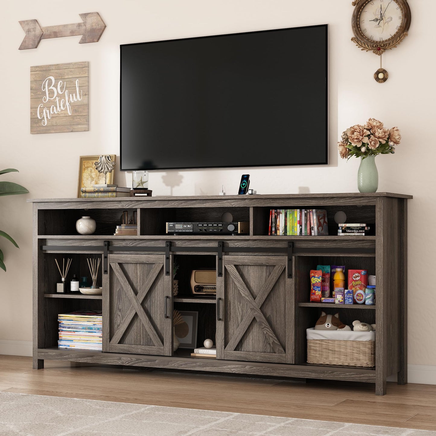 70" LED Farmhouse TV Stand for 80/75/70 Inch TVs,Tall Entertainment Center Storage Cabinets w/Power Outlets and Sliding Barn Door,Rustic TV Stands for Living Room,Media Console Cabinet (Charcoal)