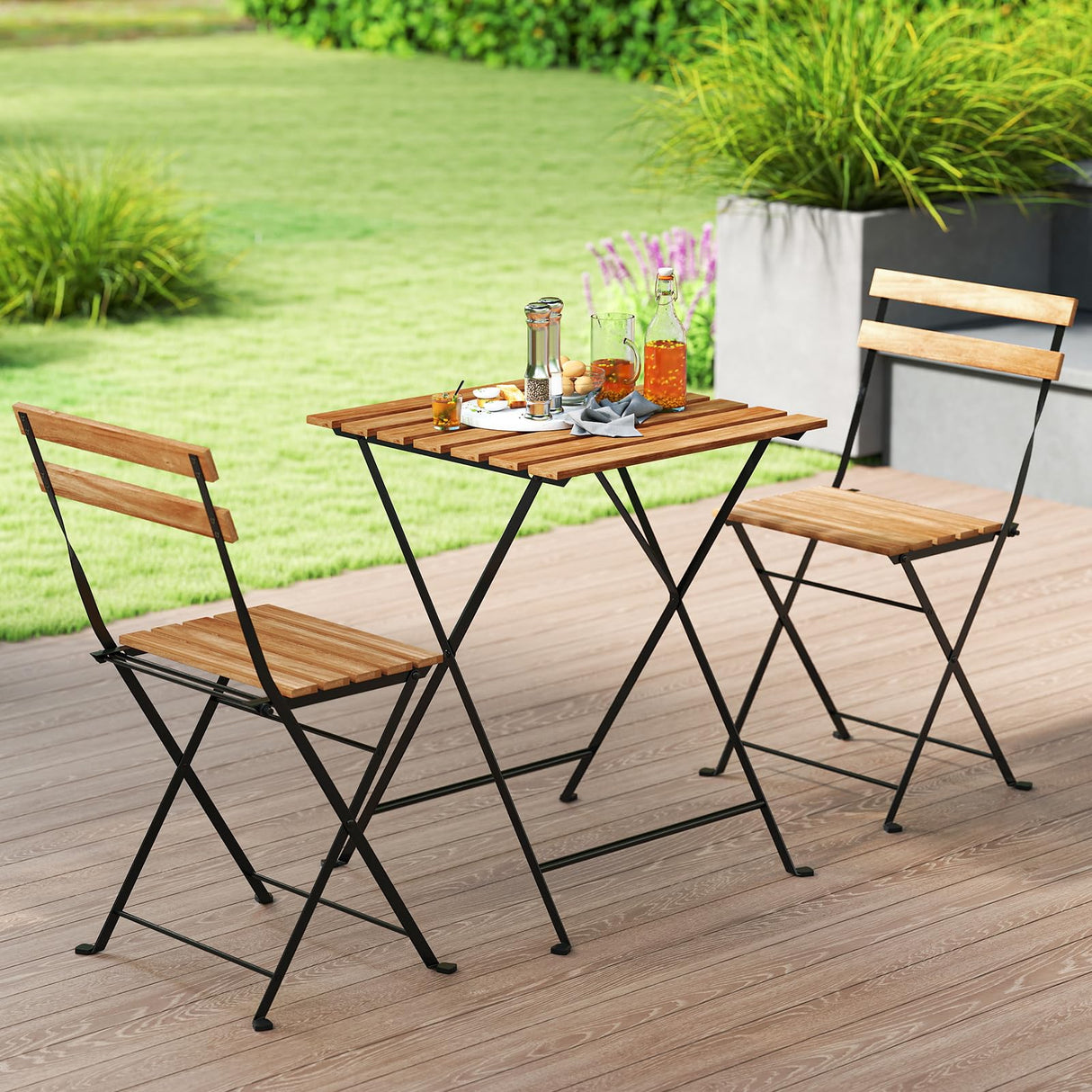 Tangkula 3 Pieces Patio Dining Set, Outdoor Square Table and Folding Chairs with Metal Frame, Space Saving Furniture Set for Yard Porch Deck Backyard Tangkula