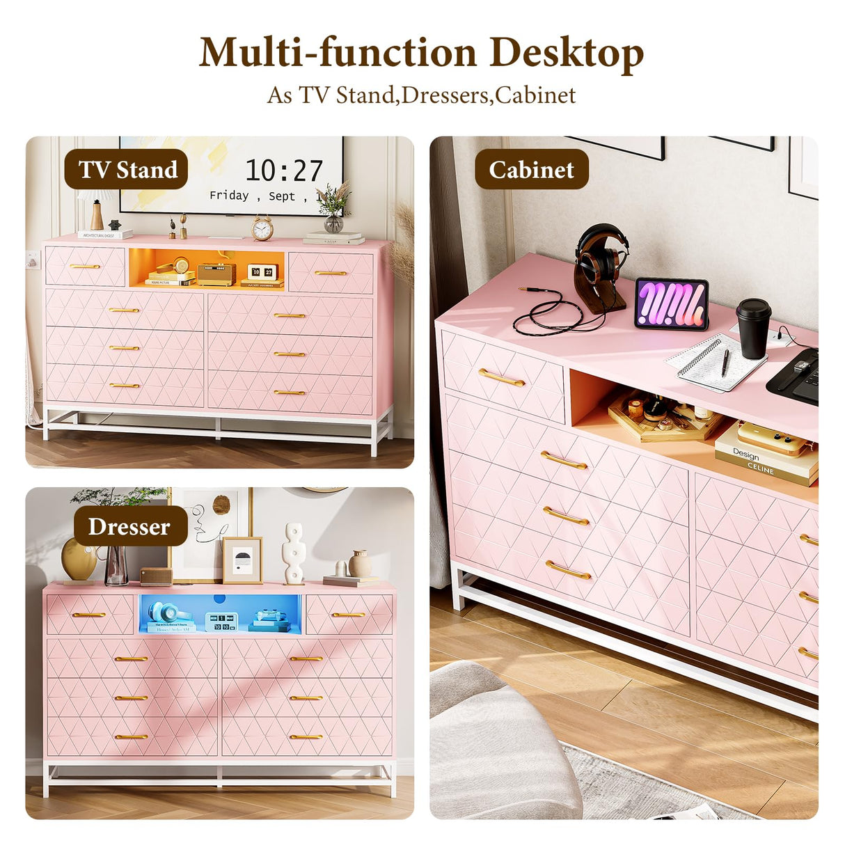 GAOMON Bedroom Dresser with 8 Large Storage Drawers, Wood Pink Dresser with LED Lights & Charging Station, TV Stand Dresser & Chests of Drawers for Closet, Hallway, Entryway GAOMON