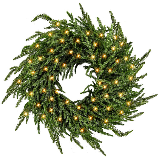 ENVEN 24" Christmas Wreath Real Touch Norfolk Pine Wreath for Front Door White Cedar Wreath for Indoor Outdoor Farmhouse Home Wall Window Festival Wedding Decor (Green with Lights)