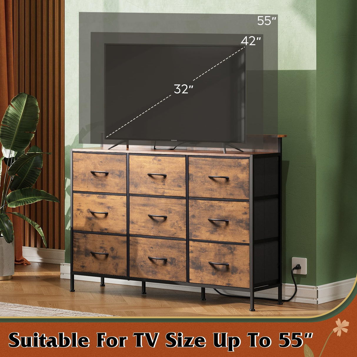 WLIVE Dresser TV Stand for 50, 55 inch, Led Chest of Drawers for Bedroom, Rustic Brown Dresser for Bedroom with LED Lights and Charging Station, 9 Fabric Drawers, Wood Top, Living Room, Closet WLIVE