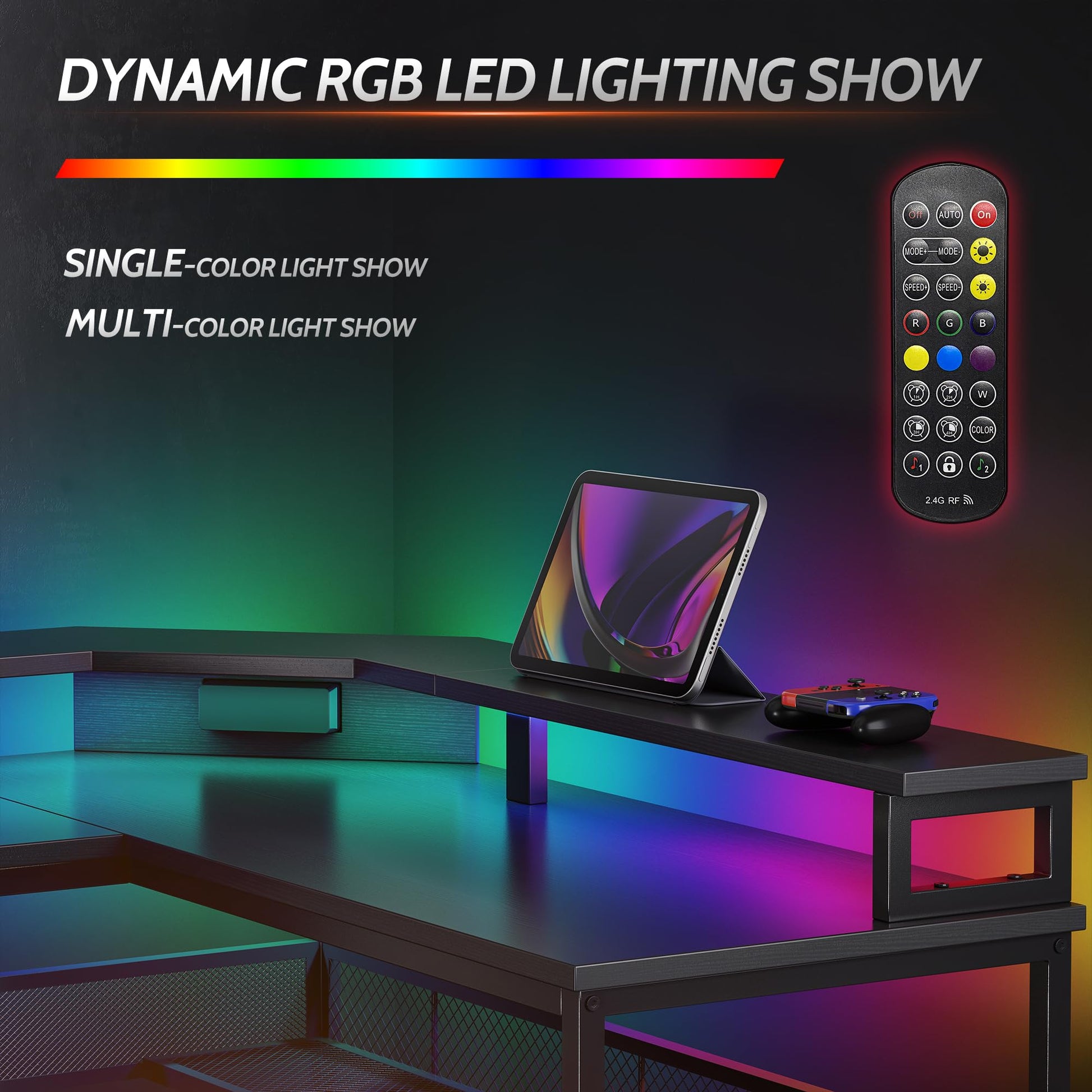 CubiCubi 58" L Shaped Gaming Desk with RGB LED Lights, Power Outlets & Storage Solutions - Black - WoodArtSupply