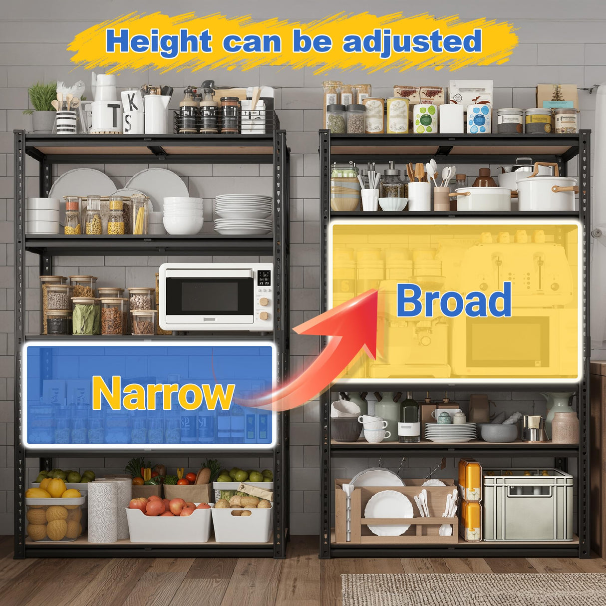 REIBII Set of 2 Garage Shelving, 2015LBS Adjustable Metal Shelving, 5 Tier Storage Shelves for Garage, Pantry, Kitchen, Basement 72.1" H x 35.54" W x 15.75" D Heavy Duty Shelving Unit REIBII