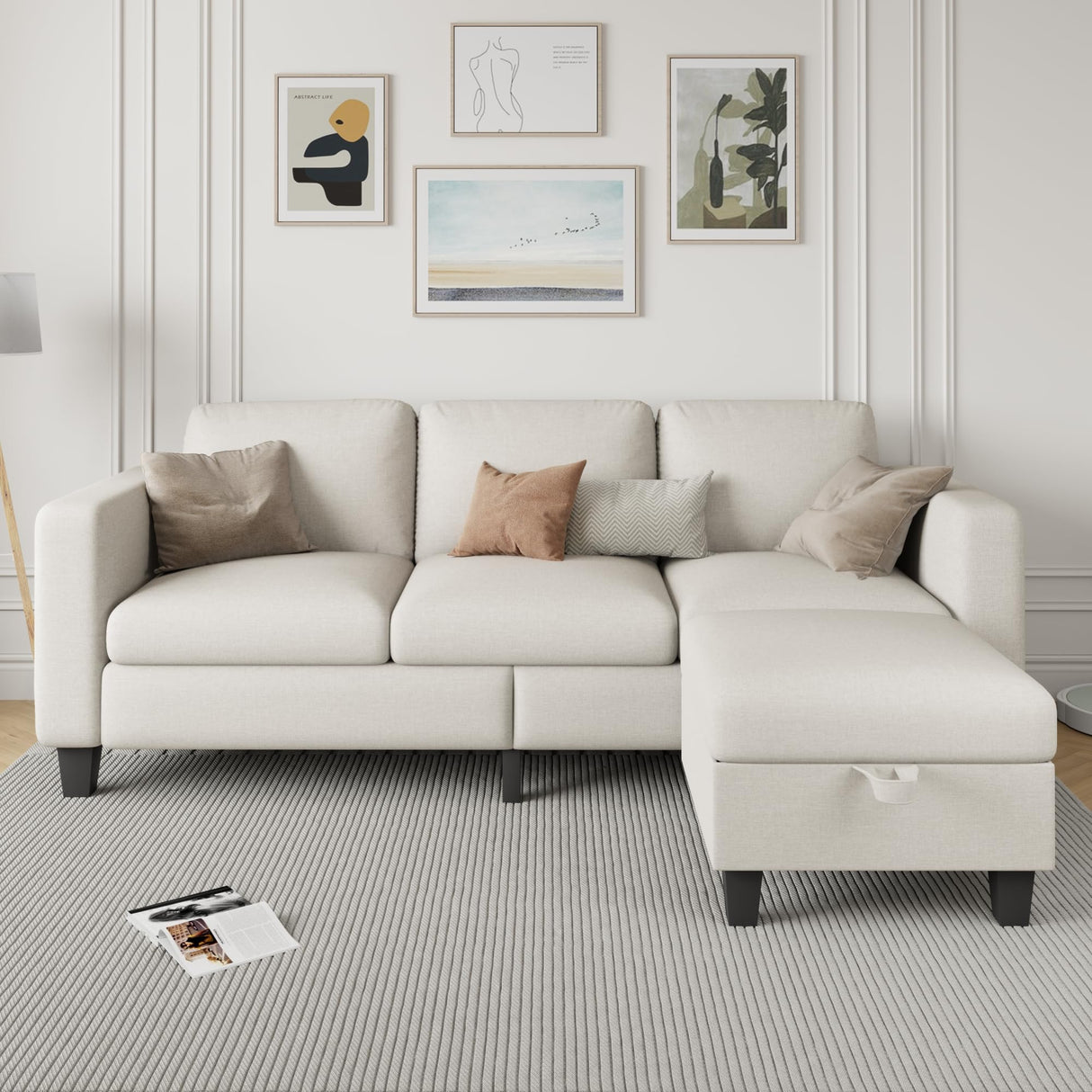 Couches for Living Room - Sectional Sofa L Shaped Cloud Couch-Small Modular 3 Seat-Comfy Linen with Storage Deep Seat Sofa,Washable Covers-Suitable for Living Room-Apartment-Office-Bedroom-Beige Clotius