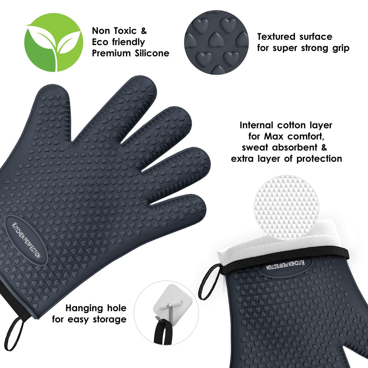 KITCHEN PERFECTION Silicone Smoker Oven Gloves-Extreme Heat Resistant BBQ Gloves-Handle Hot Food Right on Your Grill Fryer & Pit|Waterproof Grilling Cooking Baking Mitts|Superior Value Set +3 Bonuses Kitchen perfection
