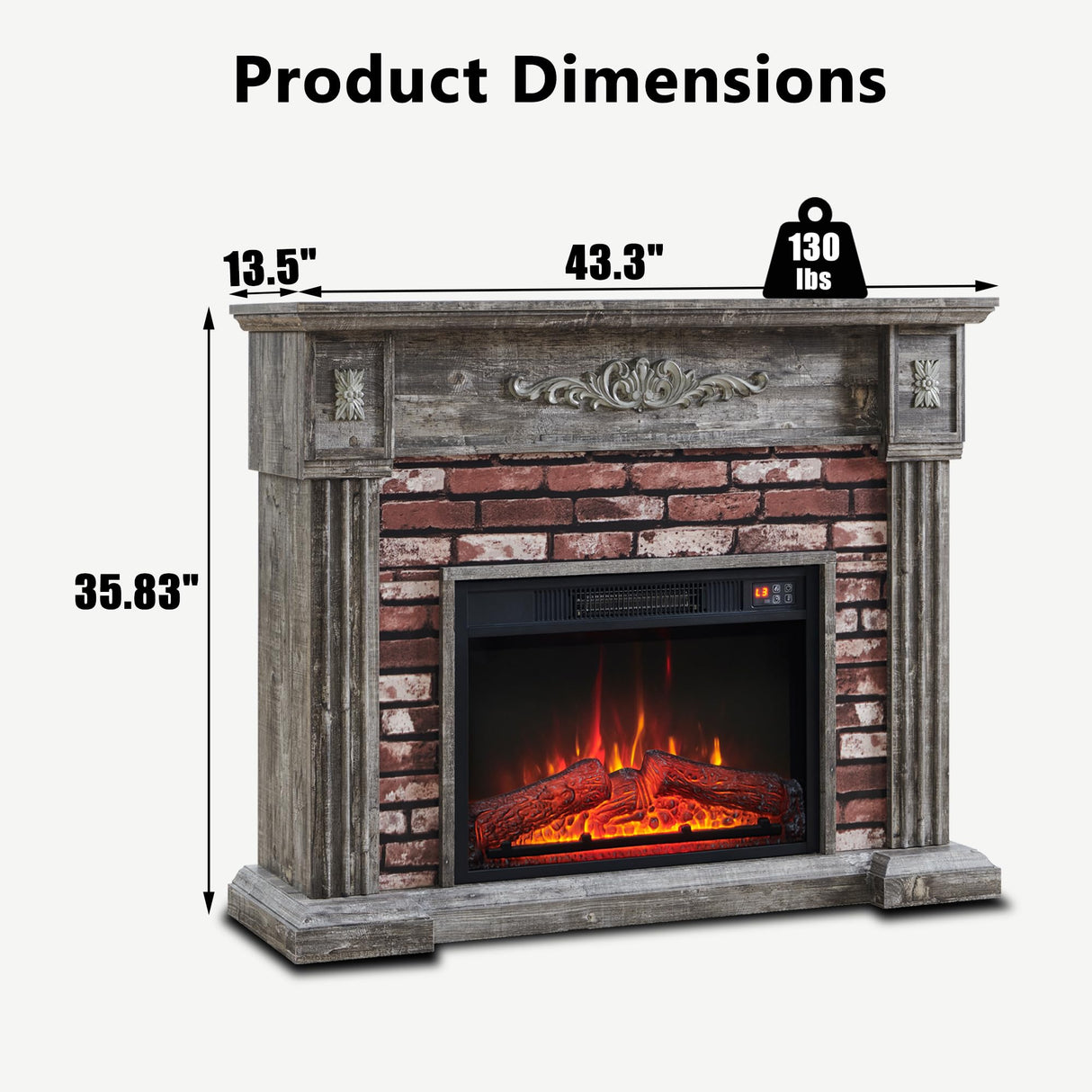 43" Electric Fireplace with Mantel, Electric Fireplace Heater, TV Stand w/Freestanding Electric Fireplace, Stacked Stone Surround, Remote Control, Adjustable Flame Level for Living Room-Light Grey Aitjunz